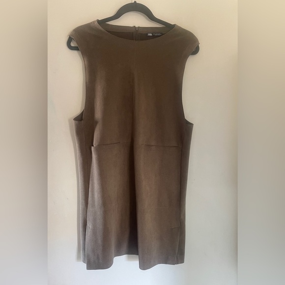 Zara back zip front mod pocket deep muscle sleeveless khaki mini dress pinafore - Picture 4 of 11